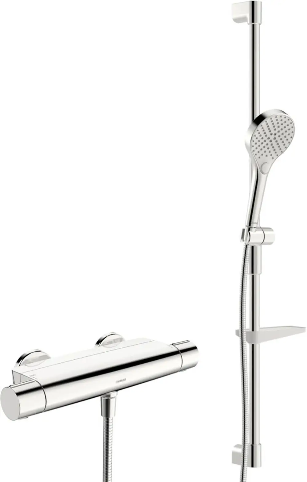 Brausebatterie mit Brausegarnitur in Chrom von HANSA, bestehend aus einem thermostatischen Mischventil und einer Handbrause mit Halterung an einer Stange.
